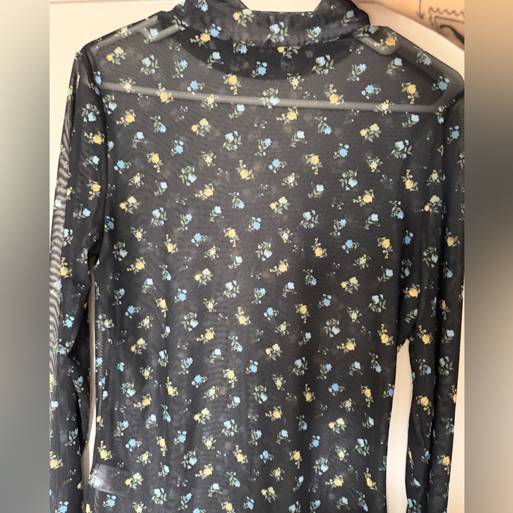 AFRM Black Sheer Top with Blue and Yellow Floral Design
